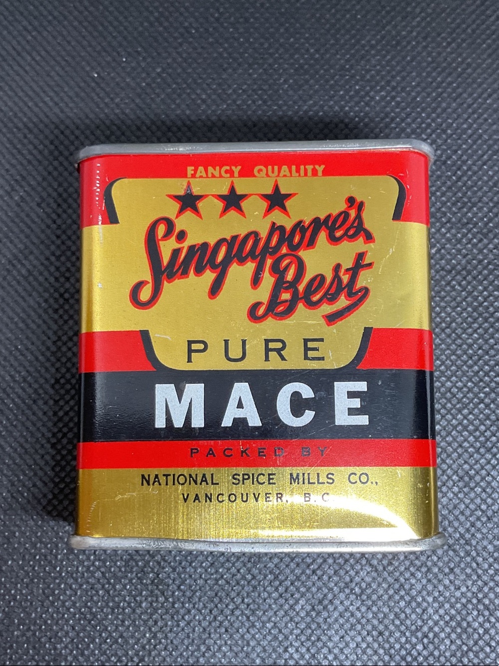 Vintage Singapore's Best Pure Mace Tin - Gold, Red & Black
